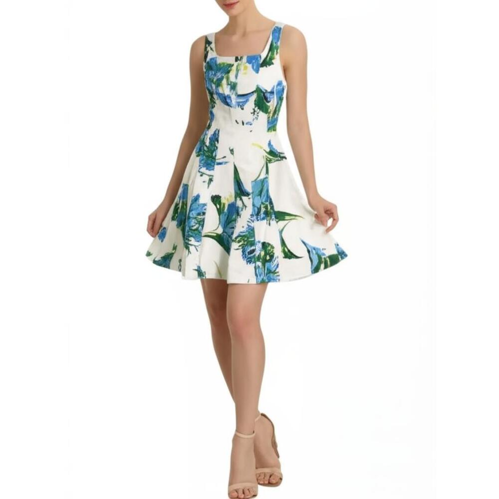 Gabby Skye Dress Sleeveless Fit N Flare Dress White Blue Green Floral Spring 8